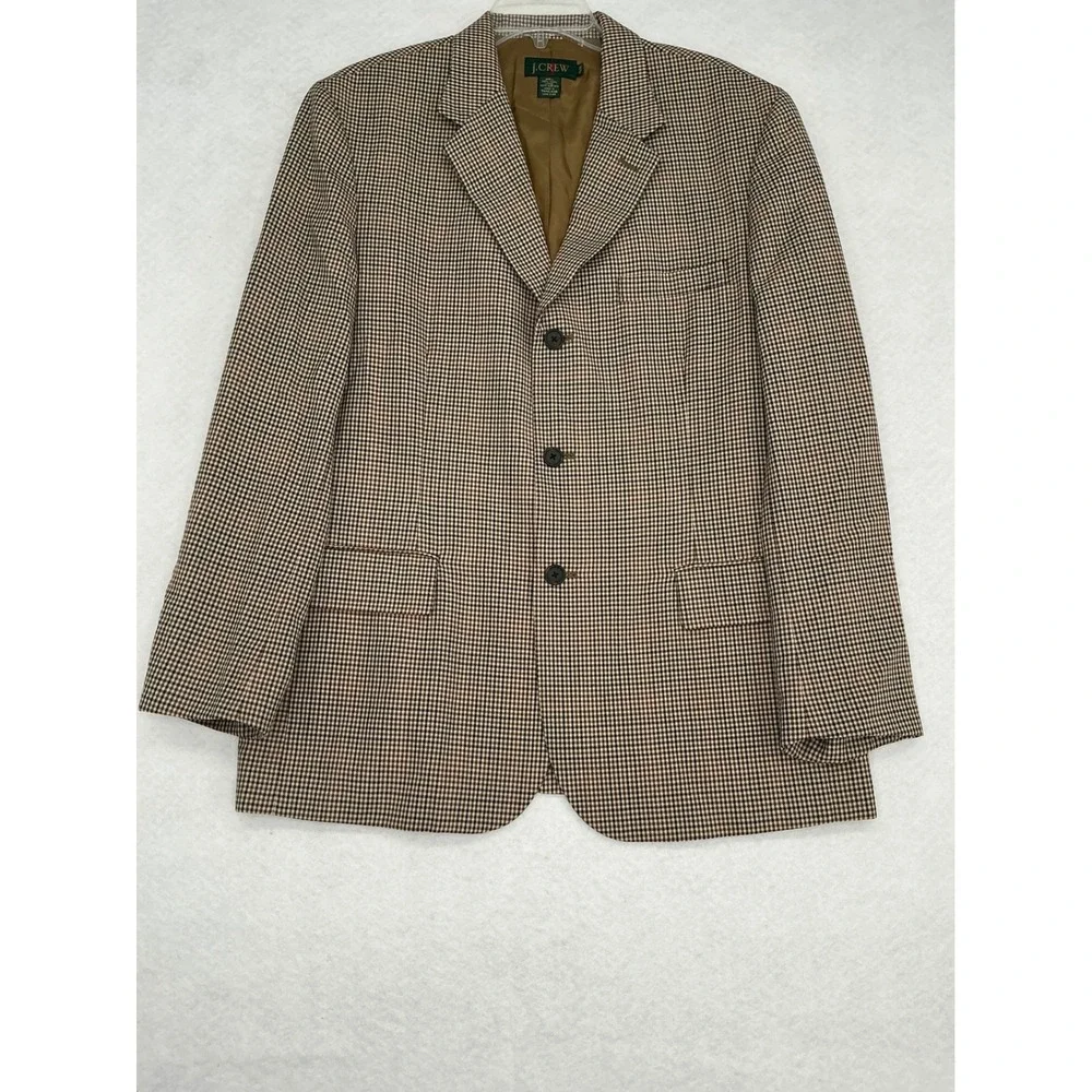 Vintage J.Crew Blazer Mens 42R Brown Houndstooth 100% Wool 3-Button Sport Coat